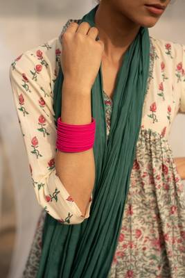Off white green hand block printed cotton suit with mulmul dupatta 2