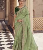 Green party wear zari organza saree with satin blouse fabric || zari, cords and embroidered work || premium fabrics