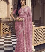 Dark Pink party wear crystal organza saree with crystal organza blouse fabric || beads, sequins, cutdana work