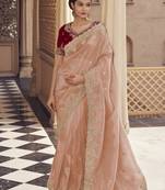 Peach party wear zari organza saree with satin blouse fabric || zari, cords and embroidered work || premium fabrics