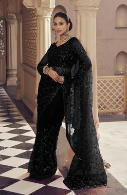 Black party wear net saree with net blouse fabric || beads, sequins, cutdana work || premium fabrics 1