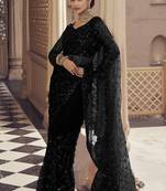 Black party wear net saree with net blouse fabric || beads, sequins, cutdana work || premium fabrics