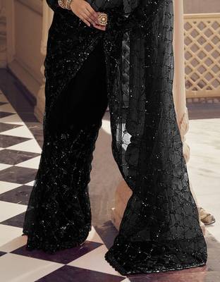 Black party wear net saree with net blouse fabric || beads, sequins, cutdana work || premium fabrics 3