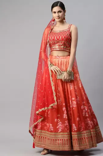 Astonishing Orange Digital Printed Organza Silk Lehenga Choli