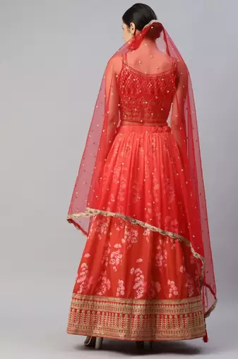 Astonishing Orange Digital Printed Organza Silk Lehenga Choli