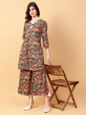 green cotton printed & hand work co-ord set (set of 2) 1