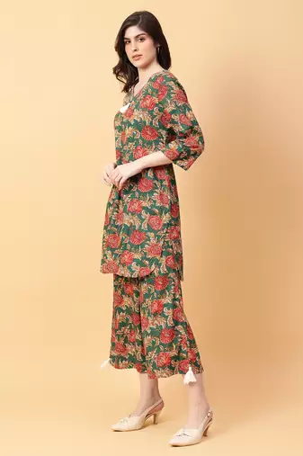 green cotton printed & hand work co-ord set (set of 2)