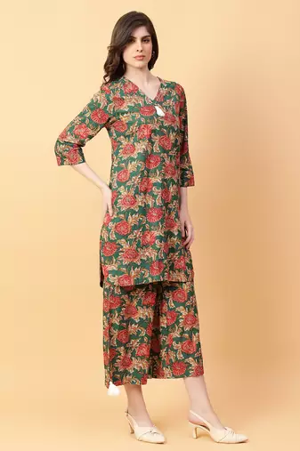 green cotton printed & hand work co-ord set (set of 2)