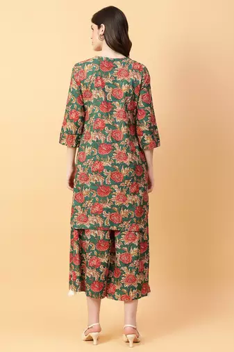 green cotton printed & hand work co-ord set (set of 2)