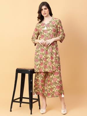 beige cotton printed & hand work co-ord set (set of 2) 1