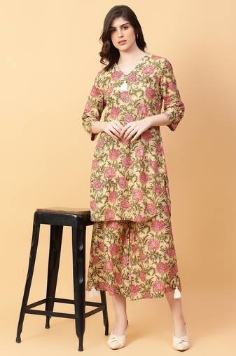 beige cotton printed & hand work co-ord set (set of 2)