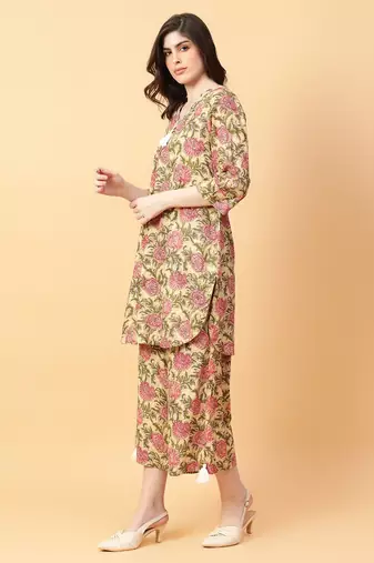 beige cotton printed & hand work co-ord set (set of 2)