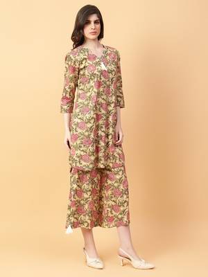 beige cotton printed & hand work co-ord set (set of 2) 3