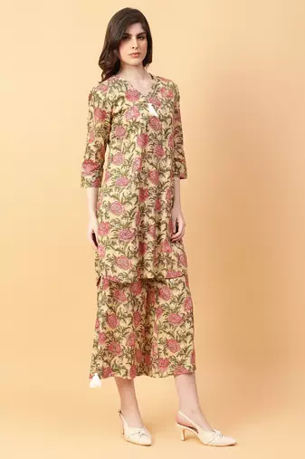 beige cotton printed & hand work co-ord set (set of 2)