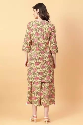 beige cotton printed & hand work co-ord set (set of 2)