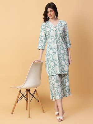 green cotton printed & hand work co-ord set (set of 2) 1