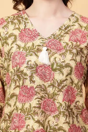 beige cotton printed & hand work co-ord set (set of 2)
