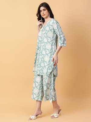 green cotton printed & hand work co-ord set (set of 2) 2