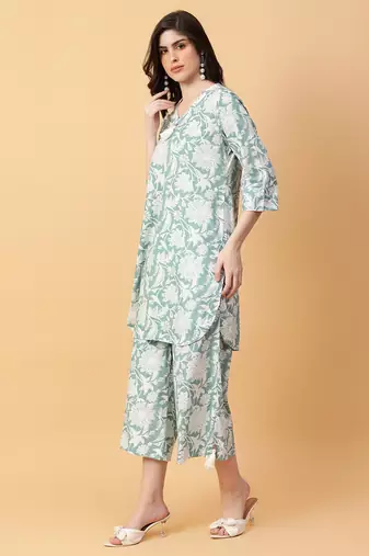 green cotton printed & hand work co-ord set (set of 2)