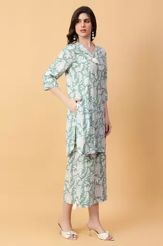 green cotton printed & hand work co-ord set (set of 2)