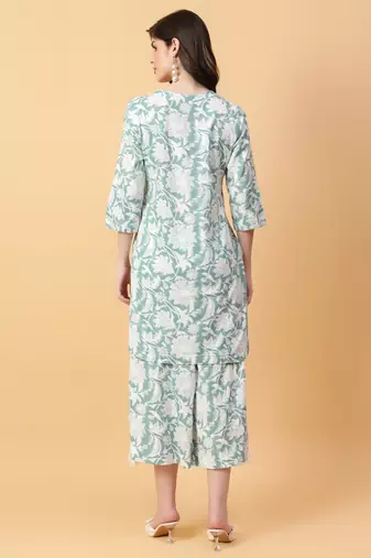 green cotton printed & hand work co-ord set (set of 2)