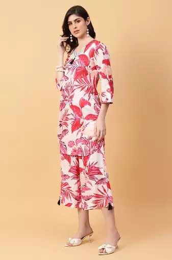 red cotton printed & hand work co-ord set (set of 2)