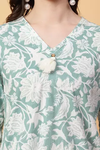 green cotton printed & hand work co-ord set (set of 2)