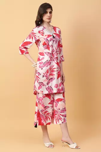 red cotton printed & hand work co-ord set (set of 2)