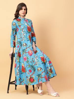 turquise blue cotton printed & hand work dress 1