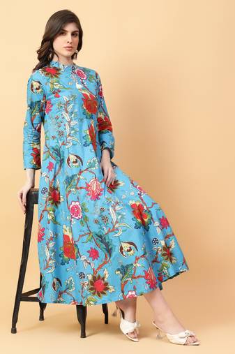 turquise blue cotton printed & hand work dress