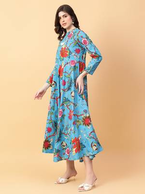 turquise blue cotton printed & hand work dress 2