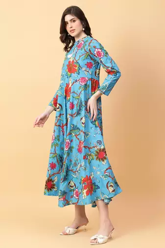 turquise blue cotton printed & hand work dress