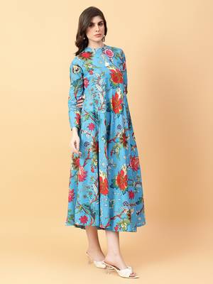 turquise blue cotton printed & hand work dress 3