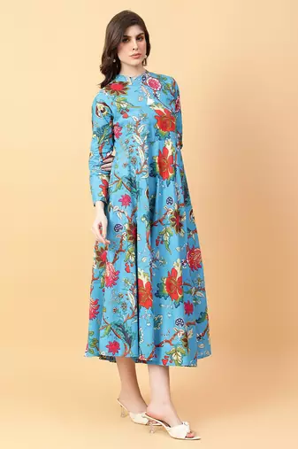 turquise blue cotton printed & hand work dress