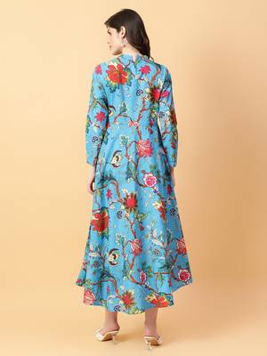turquise blue cotton printed & hand work dress 4