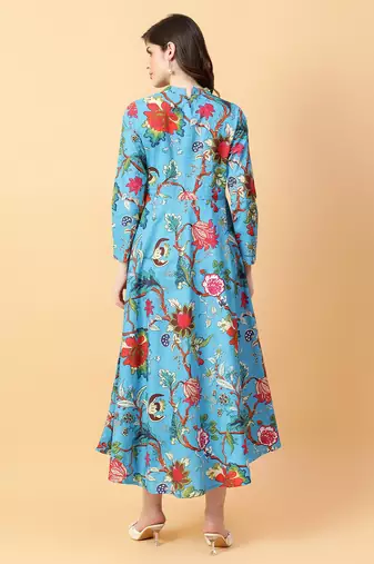turquise blue cotton printed & hand work dress