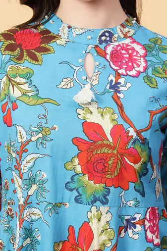 turquise blue cotton printed & hand work dress