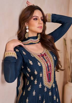 Blue Chinon Palazzo Suit for Women 2