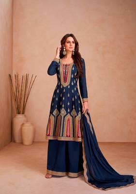 Blue Chinon Palazzo Suit for Women 3