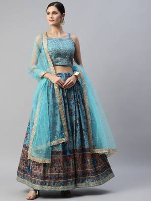skyblue printed chinon silk lehenga set choli with dupatta 1