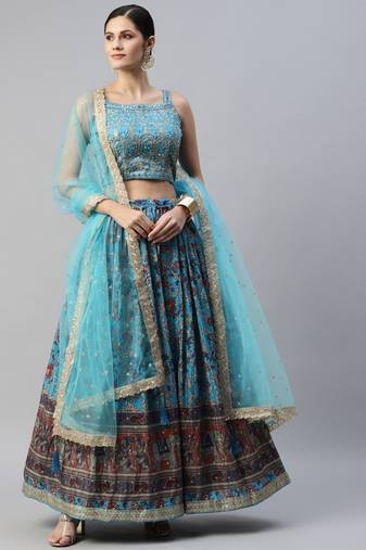 Stunning SkyBlue Printed Chinon Silk Reception Wear Lehenga Choli