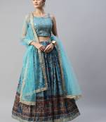 Stunning SkyBlue Printed Chinon Silk Reception Wear Lehenga Choli