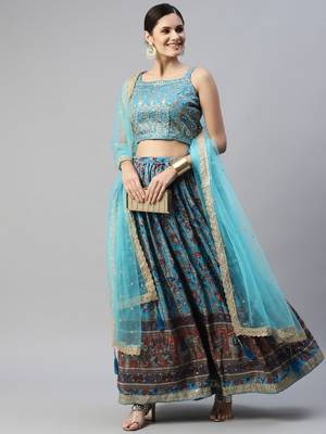 skyblue printed chinon silk lehenga set choli with dupatta 3