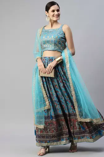 skyblue printed chinon silk lehenga set choli with dupatta