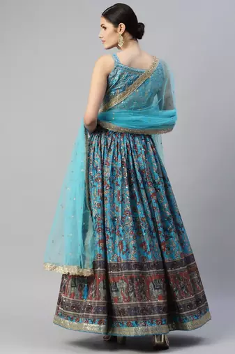 skyblue printed chinon silk lehenga set choli with dupatta