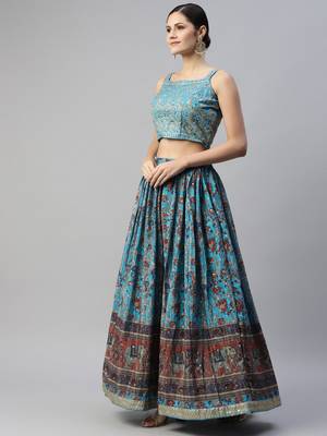 skyblue printed chinon silk lehenga set choli with dupatta 5