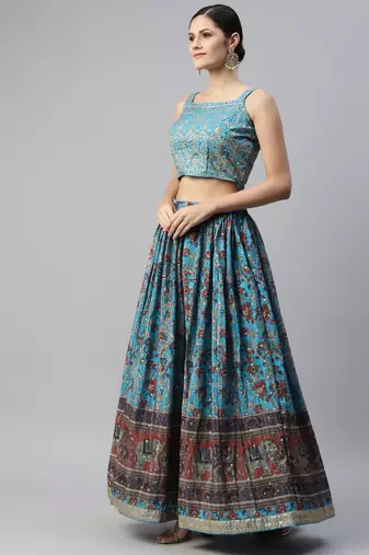 skyblue printed chinon silk lehenga set choli with dupatta