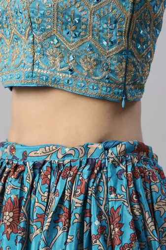 skyblue printed chinon silk lehenga set choli with dupatta