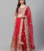 Impressive Red & Gold-Toned Embroidered Bridal Lehenga Choli with Dupatta