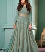 Tourquoise embroidered georgette free size stitched gown.(size Free size full stitched Up To 42")
